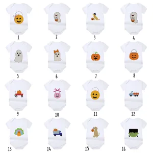 Selection of 16 white baby Halloween bodysuits with cute pumpkin and ghost prints