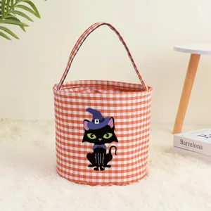 Cesto di Halloween in tela a quadretti con stampa gatto nero strega per dolci