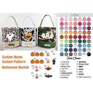 Custom Halloween canvas candy bucket with personalized name and pattern for party decor