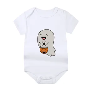 Detail view of the cute Halloween ghost print on a soft white baby onesie bodysuit
