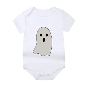 White newborn baby bodysuit with cute cartoon ghost print for Halloween party.