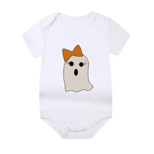 White newborn bodysuit featuring a cute cartoon ghost with orange bow Halloween print.
