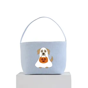 Cesto di Halloween in tela a righe azzurre con decorazione cane fantasma e zucca