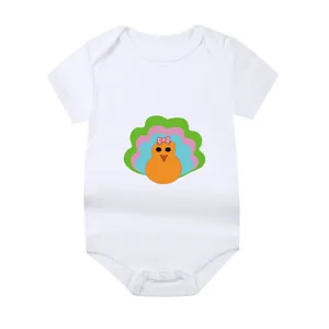White short-sleeve baby bodysuit featuring a colorful cartoon turkey graphic print.