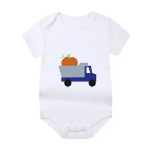 White baby onesie featuring a cute pumpkin truck graphic design for Halloween festivities