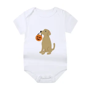 White newborn baby bodysuit with cute dog holding a Halloween pumpkin lantern bucket