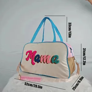 Side view of travel bag with Mama embroidery and overlay dimensions for size reference.