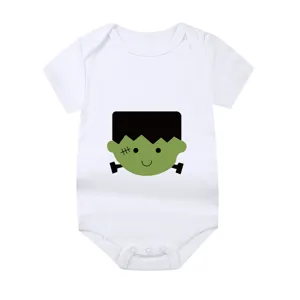 Close-up of the Frankenstein cartoon print on a white Halloween baby bodysuit.