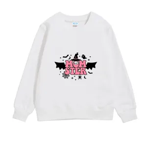 Detailed view of kids white Halloween sweatshirt with pink MOM STER graphic print