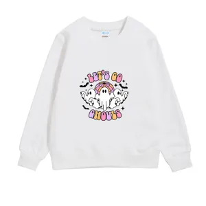 Detail of a white long-sleeved Halloween sweatshirt with 'Let's Go Ghouls' ghost print