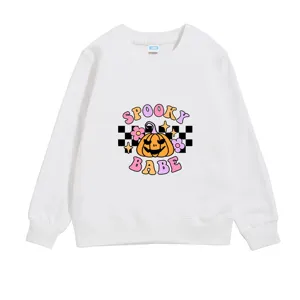Customizable white children's Halloween sweatshirt featuring 'Spooky Babe' pumpkin graphic