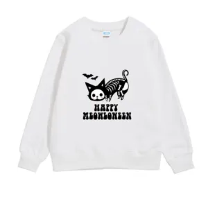 White children's sweatshirt with cat skeleton and Happy Meowloween print detail