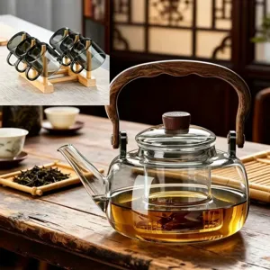 Juego de tetera de vidrio borosilicato resistente al calor con mango de madera y 6 tazas