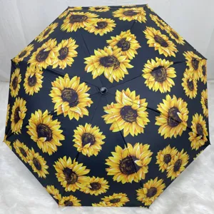 Manual Folding Sun And Rain Umbrella With Black UV Protection Coating And Sunflower Print