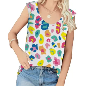 Close-up of vibrant colorful leopard print on women's U-neck sleeveless tank top