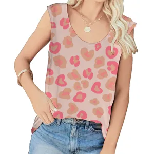 Detailed view of women's U-neck loose tank top with pink leopard heart print