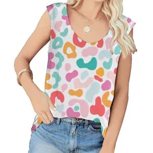 Close-up of women's U-neck tank top with colorful abstract leopard print pattern