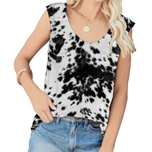 Loose U-neck sleeveless tank top with black and white cow print for summer comfort
