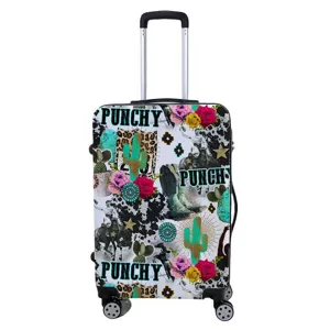 Detailweergave van de elastische kofferbeschermer met western cactus- en cowboyprints