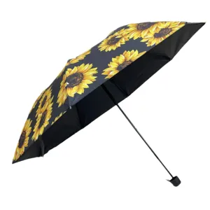 Manual folding black glue umbrella with vibrant sunflower print for sun and rain
