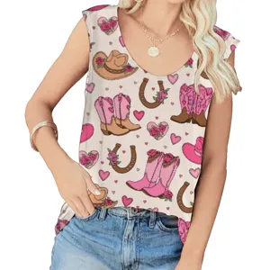 Detail of loose U-neck tank top with pink cowboy boots and heart pattern.
