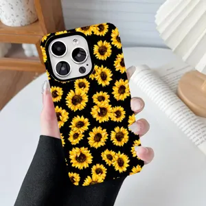 Detailed view of stylish sunflower print phone case with shockproof protective design