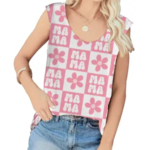 Detailed view of women's sleeveless top with pink checkerboard and MAMA print