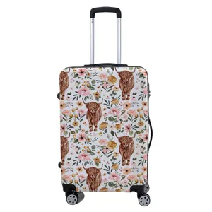 Elastische kofferhoes met hooglandkoe- en bloemenprint voor optimale reisbescherming
