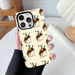 Detail shot of a protective phone case featuring a vintage repeating cowboy on horseback pattern