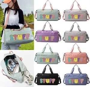 Multi-color gym bags with STUFF letters, shoe compartment, and model carrying view