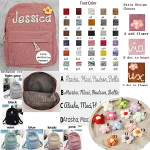 Customized corduroy backpack with personalized name embroidery and various color options.