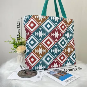 Large patterned tote bag showing size dimensions of 35x33.5x10 cm for daily commute