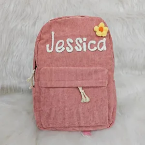 Kids Corduroy Backpack Name Embroidery School Bag Cute Cartoon Floral Casual Travel Daypack For Children