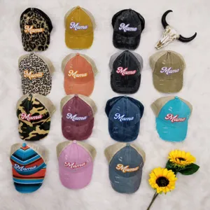 Collection of distressed "Mama" embroidery trucker hats shown in various trendy colors.