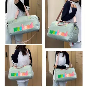 Model wearing a mint green Weekend sports bag with pink straps and colorful patch.