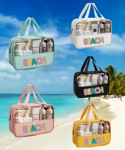 Large PVC waterproof toiletry bags with BEACH glitter letters in five pastel colors