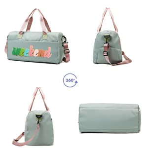 Detailed multi-angle view of grey Weekend gym bag with shoe compartment and pink straps