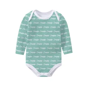 Detailed view of mint green long-sleeve baby bodysuit featuring custom script name print