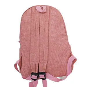 Solid pink corduroy children's backpack shown from the back with adjustable straps