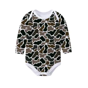 Long-sleeved baby bodysuit with earthy-toned camouflage print and snap button closure.