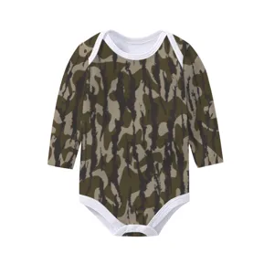 Detailed view of long-sleeved baby romper featuring camouflage tree bark pattern design