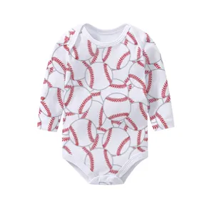 Detail of baby long-sleeve bodysuit with all-over red and white baseball patterns