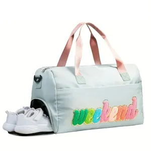 Detailed shot of sports duffel bag featuring a separate shoe compartment with sneakers