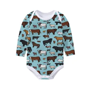 Baby long-sleeved bodysuit featuring a repeat pattern of various cattle on light blue