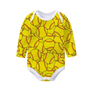 Soft yellow long sleeve baby bodysuit with all-over softball pattern and white trim edges