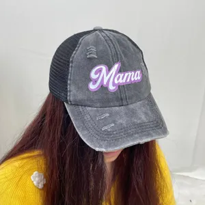Women Distressed Baseball Cap Vintage Trucker Hat Mesh Ponytail Hat Mama Letter Print Outdoor Sun Protection Hat