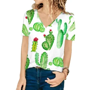 Close-up view of women's loose V-neck short sleeve T-shirt with green cactus pattern