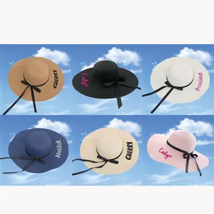 Customized straw sun hats for women in six colors with black ribbon bow