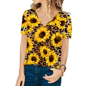 Detail of women's loose-fit V-neck short sleeve T-shirt with leopard and sunflower print