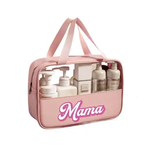Detail van de grote roze PVC-transparante MAMA-make-uptas voor op reisgebruik